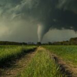 Twin Twisters Collide — Creating Something FAR WORSE… A tornado forming in a rural landscape under dark storm clouds