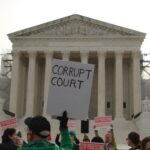 Protesters holding signs in front of the Supreme Court building