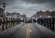 Military and police forces facing off in a street during a tense situation