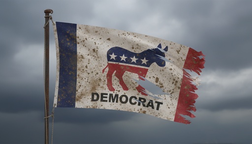 A weathered flag featuring the Democratic Party symbol and the word 'DEMOCRAT'