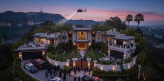 Luxury mansion surrounded by police and a helicopter in the Hollywood Hills at dusk