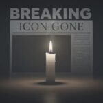 A lit candle in front of a newspaper with the headline 'BREAKING ICON GONE'