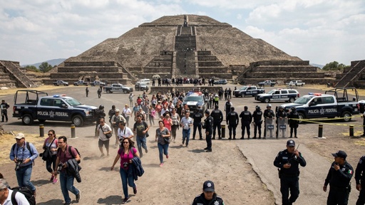shutterstock_2770171567.jpg Visitors walking towards the Pyramid of the Sun at Teotihuacan with police vehicles nearby