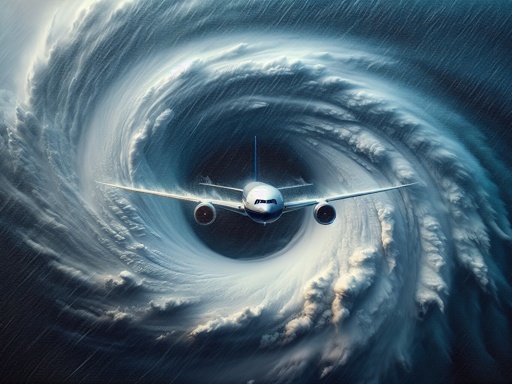 An airplane flying through a swirling hurricane vortex