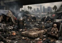 FAKE Homeless Camp Rocks LA Politician’s Home… A homeless encampment with tents and debris in the foreground, city skyline visible in the background