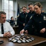 Police officers gathered around a table with badges during a meeting