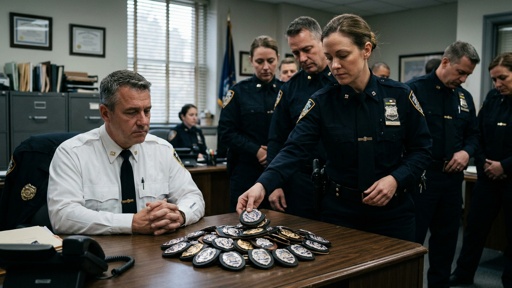 Police,Officers,Handing,In,Their,Badges,A,Pile,On,Their Police officers gathered around a table with badges during a meeting