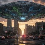 A large UFO hovering above a city street during sunset