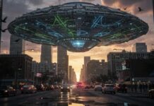 TRUMP UNLEASHES Classified UFO Files—Deep State FURIOUS… A large UFO hovering above a city street during sunset