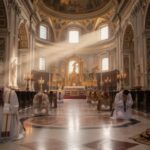 Clergy members praying in a grand cathedral with sunlight streaming through windows