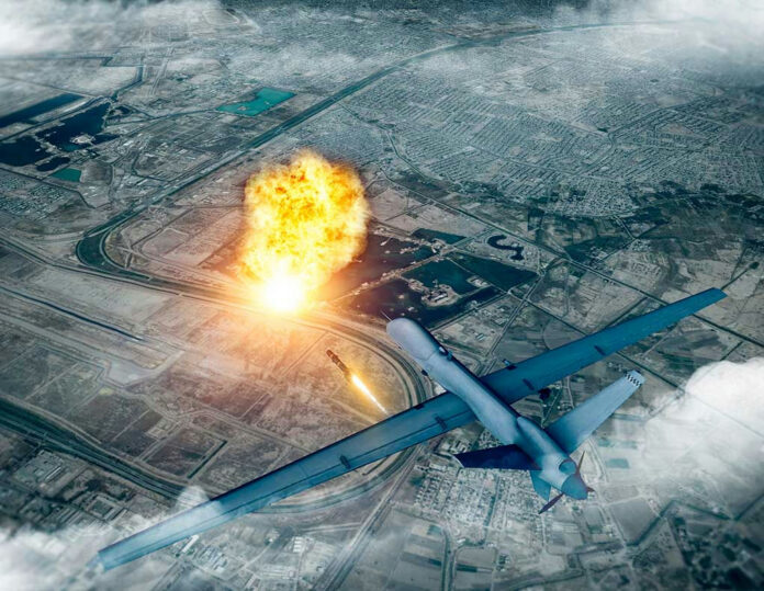1604958805-1 Drone launching missile with explosion on ground.