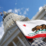 Money Trail Shadows California First Lady California state flag waving near a white domed capitol building