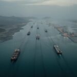 Big Win Claimed, Text Hidden Aerial view of cargo ships navigating a shipping channel