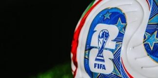 Close-up of a FIFA-branded soccer ball on grass