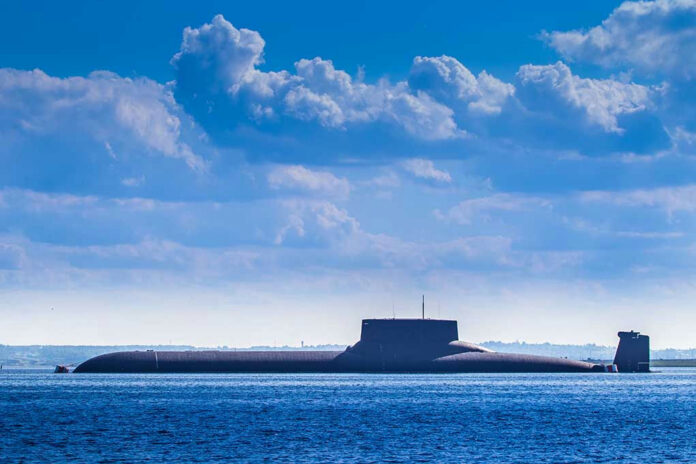 Submarine on the surface of the sea.