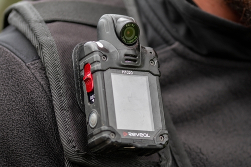 Manchester,,United,Kingdom,-,17th,Sept,2022:,Police,And,Security Close-up of a body camera attached to a persons shoulder