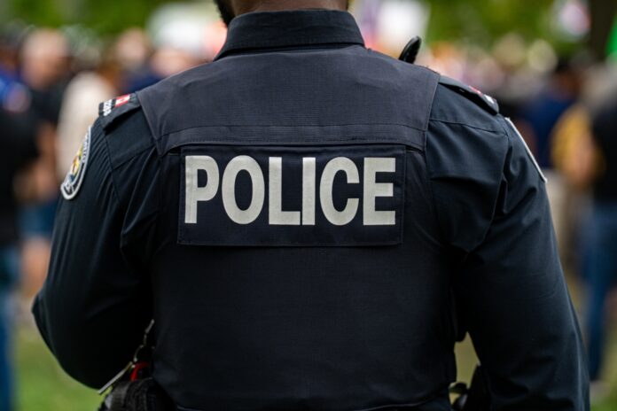 Back view of a police officer in uniform at a public event