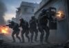 Kids Freed — The Chilling Bigger Story A tactical team of soldiers in combat gear advancing through a war-torn urban environment