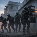 Kids Freed — The Chilling Bigger Story A tactical team of soldiers in combat gear advancing through a war-torn urban environment