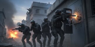 A tactical team of soldiers in combat gear advancing through a war-torn urban environment