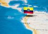 Flag of Ecuador on map near Peru.