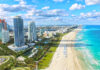 Aerial view of Miami Beach, hotels, and ocean.